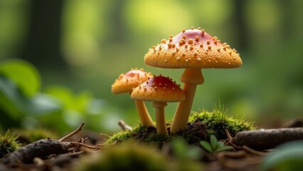 Fototapeta premium Group of three orange-red mushrooms with yellow speckles, growing in a forest with blurred background Concept: wild forest mushrooms, nature growth, forest fungi, autumn forest scene, natural beauty