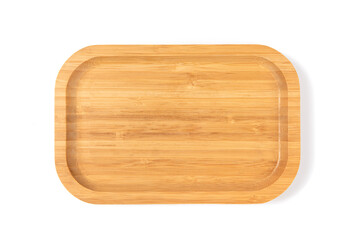 Top view of empty rectangular bamboo plate isolated on white background