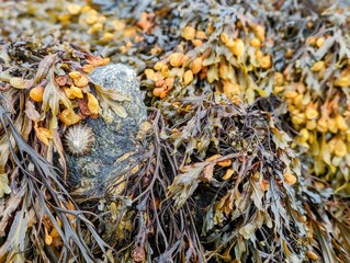 Close-up at low tide of thick wet seaweed covering a rock with a limpet stuck to it