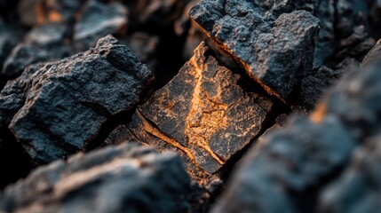 Fototapeta premium Close-up shot of textured black coal pieces, with a hint of light revealing intricate patterns and colors within the cracks.