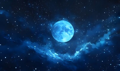 Obraz premium Abstract digital painting depicting a blue moon in a starry sky, Generative AI