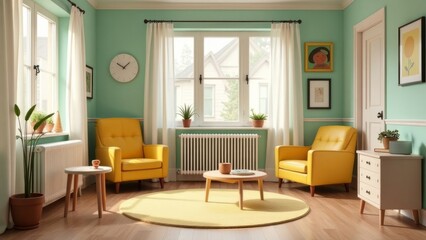 Cozy living room with yellow chairs, wooden floor, natural light, and green walls, modern yet inviting interior
Concept: cozy living room, modern interior design, home comfort, natural light, inviting