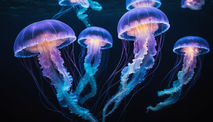 Naklejka premium Méduses violettes bioluminescentes fond-marin sombre eau nager tentacules.