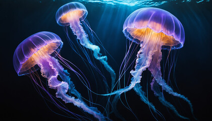 Naklejka premium Méduses violettes bioluminescentes fond-marin sombre eau nager tentacules.