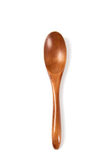 One empty wooden spoon isolated on white background.top view.