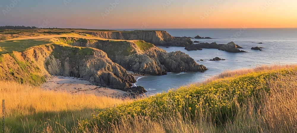 Wall mural a serene, coastal cliffs at dawn with a clear sky and a large area for text