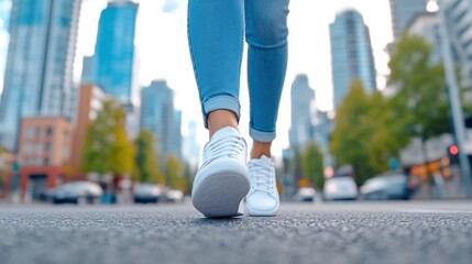 Urban Walk with White Sneakers on City Street