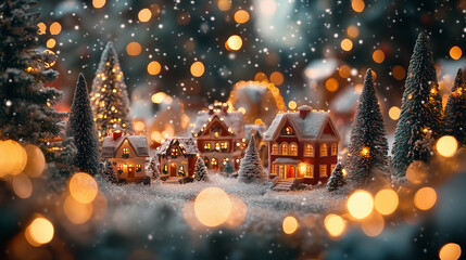 Christmas village background. Christmas tree close up with blurred holiday lights, gifts and forest neighborhood miniature backdrops