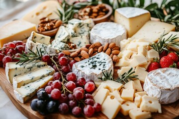 A Gourmet Cheese Board with Red Grapes, Almonds, and Rosemary