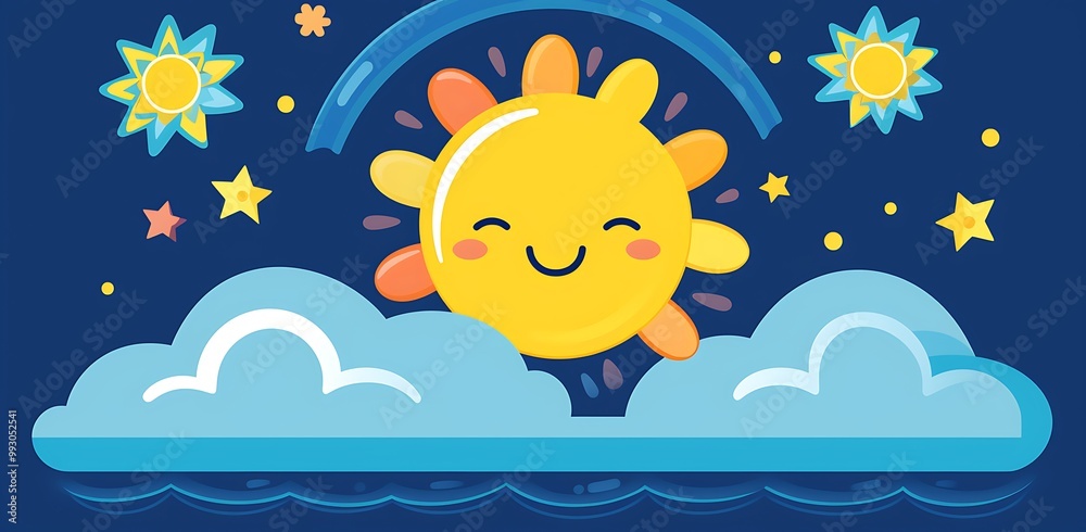 Wall mural A cheerful sun with clouds and stars in a colorful night sky.