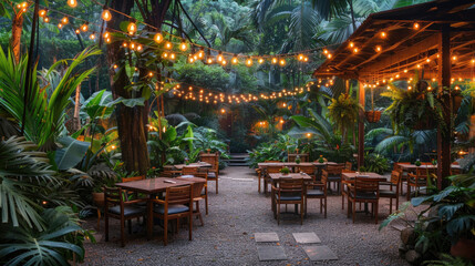 Fototapeta premium A beautiful nature-themed restaurant with open-air seating surrounded by lush greenery