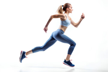 Obraz premium Side view-Young woman on the start, Running, Jogging. on isolated white background, Sport Concept