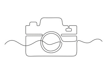 Modern camera continuous one line drawing. Isolated on white background vector illustration