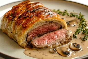 Beef Wellington with Mushroom Sauce and Thyme Garnish