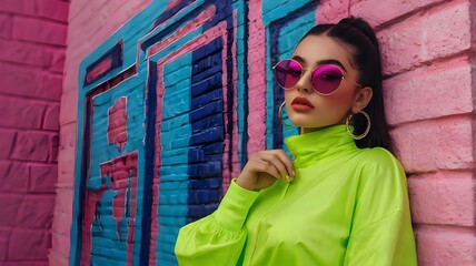 gen-z beautiful fashionable female, wearing neon stylish clothes retro style fashion