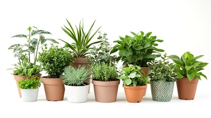 Group of various indoor plants in pots isolated on a white background 