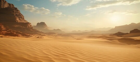 Naklejka premium A serene, desert landscape with a clear sky and a large area for text