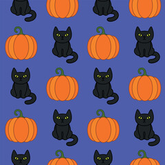 Halloween cartoon seamless pattern. Cute black cat, orange pumpkin. Animal holidays character. Vector.