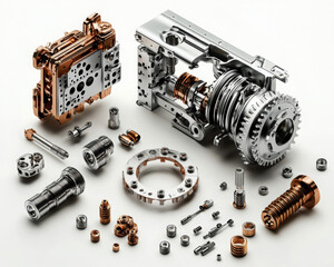 Engine components and mechanical parts on a white isolated background.