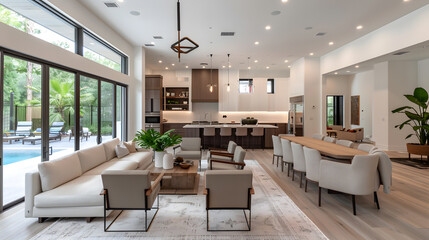 A cozy living room in a house with a couch, chairs, and a table. The interior design includes a plant near a window, adding warmth to the space