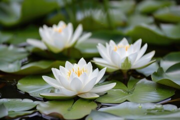 White Lilies Floating in Water Pond on a Sunny Day with Duck and Green Leaves