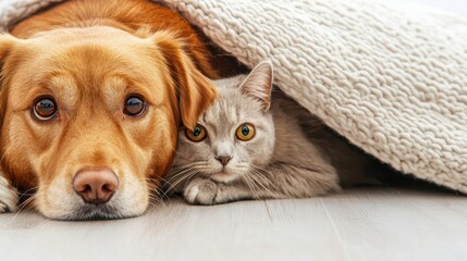 A cozy scene featuring a golden retriever and a gray cat snuggling together under a soft blanket, showcasing friendship and warmth.