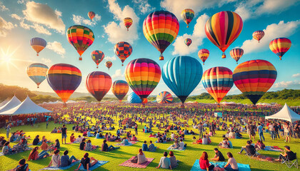 Obraz premium Colorful Hot Air Balloon Festival with Multiple Balloons Rising into the Bright Blue Sky Over Green Field. Families Watching the Spectacle and Enjoying a Sunny Day. AI-generated