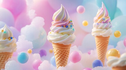 Three ice cream cones with colorful sprinkles on a bed of white clouds.