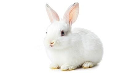 Obraz premium fluffy white rabbit sitting with ears up, isolated on white background 