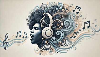 Artistic digital illustration of a singer with headphones and swirling music notes, symbolizing passion for music