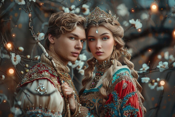 Ivan the Fool and Vasilisa the Beautiful in a whimsical scene from Russian folklore, full of charm and magic
