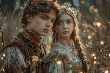 Ivan the Fool and Vasilisa the Beautiful in a whimsical scene from Russian folklore, full of charm and magic