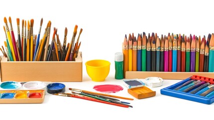 Educational workshop materials and tools set up for an art class on an isolated white background  