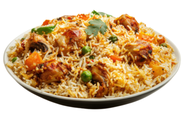 Delicious chicken biryani dish on white plate transparent background