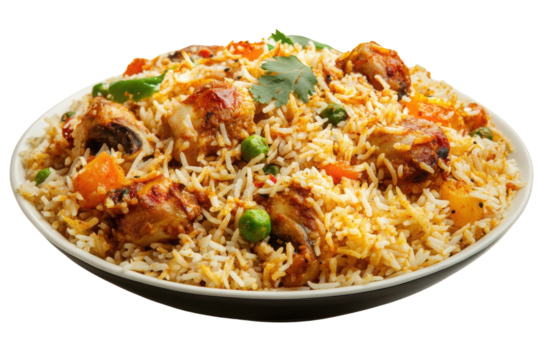 Delicious chicken biryani dish on white plate transparent background