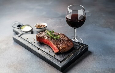 A juicy steak with a rosemary sprig sits on a wooden cutting board with a glass of red wine in the background.