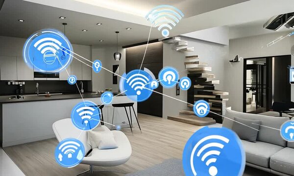 Modern living room with smart home technology and connected devices.