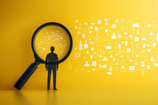 3D Illustration - Businessman Under Magnifying Glass with Business Icons on Yellow Background
