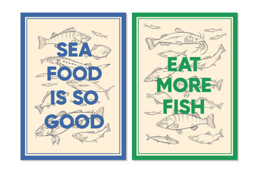 Obraz premium Set of vintage posters with outline pattern of different species of fish. Contour print of catfish, salmon in frame with phrase. Decoration for sea food restaurant. Hand drawn vector illustration