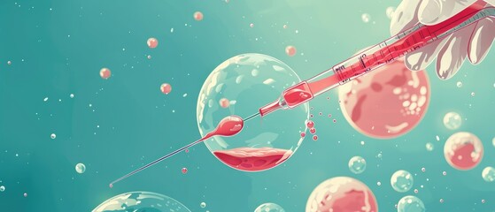 A single red bubble is being injected with liquid through a needle surrounded by smaller bubbles.