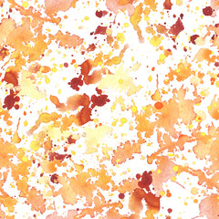 Watercolor paint spots and splashes, chaotic, beautiful, dynamic yellow, orange and burgundy colors, in autumn colors. Watercolor illustration, hand-drawn. Seamless pattern on a white background