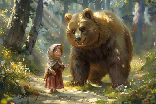 Masha and the Bear, a playful duo from Russian folklore, sharing a charming and heartwarming moment