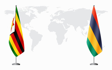 Zimbabwe and Mauritius flags for official meeting against background of world map.