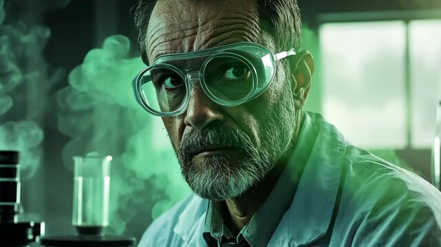 A scientist in a lab coat and safety goggles looks intently at a beaker, working with green gas in a laboratory