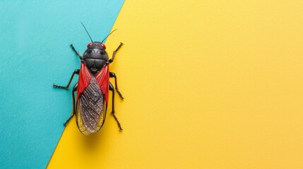 A red and black cicada on a blue and yellow background. AI.