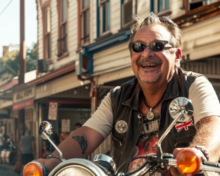 Portrait of a smiling, middle-aged man with a mustache and sunglasses, sitting on a motorcycle. AI.