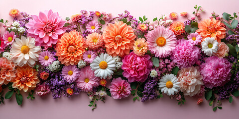 Fototapeta premium Colorful spring flowers with daisies, dahlias, and peonies on a white background. Soft and vibrant, perfect for springtime events and decorations.
