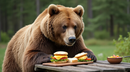 Grizzly Bear Enjoying a Picnic Snack at a Forest Table - Humorous Wildlife Photography for Nature and Food Enthusiasts