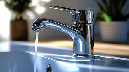 A water-saving aerator on a faucet, reducing the water flow while maintaining a strong stream, with sunlight reflecting off the chrome surface, symbolizing sustainable water use in a modern home.