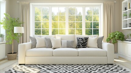 This spacious living room showcases simple furniture in soft neutral tones, large windows inviting natural light, and greenery for an eco-friendly atmosphere